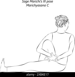 Skizze einer jungen Frau, die Marichyasana C Yoga-Pose praktiziert. Sage Marichi III. Pose. Mittlere Schwierigkeit. Isolierte Vektordarstellung. Stock Vektor