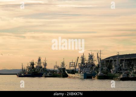 Hafen von Kushiro in der Abenddämmerung mit Fischereifahrzeugen vor Anker Stockfoto