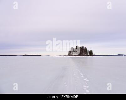 Gefrorene Seenlandschaft Wanderweg mit einer Gruppe von Bäumen am Horizont unter buntem Himmel Stockfoto