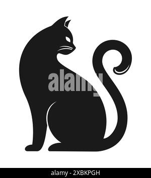 Schwarze Silhouette einer Katze, die zurückblickt, isoliert auf weißem Hintergrund. Illustration des flachen Vektors Stock Vektor