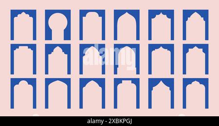 Minimalistische arabische Fensterformen. Marokkanischer Bogen, Silhouetten des Eingangs. Vektorblau einfache Bögen. Stock Vektor