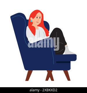 Eine Handzeichnung einer Frau mit rotem Haar, die in einem blauen Sessel auf weißem Hintergrund sitzt Stock Vektor
