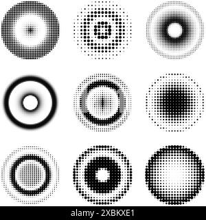 Halbtöne, geometrische Punkte, Farbverlauf und Pop-Art-Textur. Kreis im Halbton. Abstrakte gepunktete Kreise. Vektorabbildung Stock Vektor