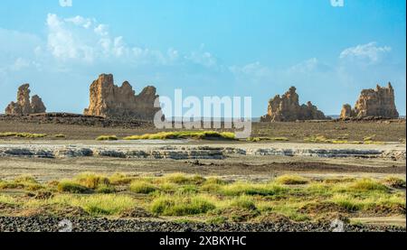 Alte Steinschornsteine Mineralgesteinsformationen auf dem getrockneten Boden des Salzsees Abbe, Dikhil Region, Dschibuti Stockfoto