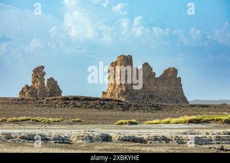 Alte Steinschornsteine Mineralgesteinsformationen auf dem getrockneten Boden des Salzsees Abbe, Dikhil Region, Dschibuti Stockfoto