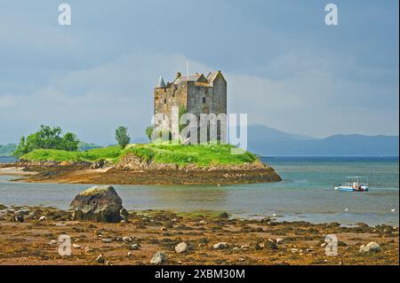 Castle Stalker befindet sich an einem Fluteinfluss von Loch Linnie, Loch Laich und ist eine ruinöse vierstöckige Turmhaus oder Donjon Stockfoto