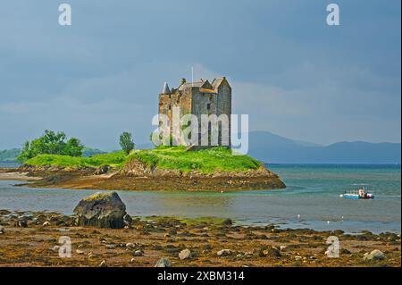 Castle Stalker befindet sich an einem Fluteinfluss von Loch Linnie, Loch Laich und ist eine ruinöse vierstöckige Turmhaus oder Donjon Stockfoto