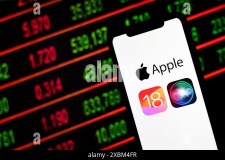 In dieser Abbildung wird ein Apple iOS 18-Logo auf einem Apple iPhone mit Börsendiagrammen im Hintergrund angezeigt. Nach der Präsentation von Stockfoto