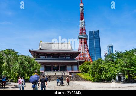 Tokio, Japan - 10. Mai 2024: Der 'Daiden' (große Halle) des Zojo-JI-Tempels mit dem Tokio-Turm im Hintergrund, mit Touristen, Tokio Stockfoto