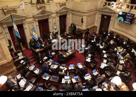 Buenos Aires, Argentinien. Juni 2024. Der Senat der Nation begann heute, die Ley-Basen und die steuerlichen Maßnahmen zu diskutieren, nachdem sie am 12. Juni 2024 in der Abgeordnetenkammer in Buenos Aires, Argentinien, behandelt worden waren. Die Sitzung begann heute um 10.00 Uhr, während vor dem Kongress Demonstrationen gegen die Maßnahmen stattfanden. (Foto von Esteban Osorio/SIPA USA) Credit: SIPA USA/Alamy Live News Stockfoto