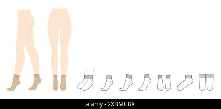 Knöchelsocken, Set für Damenbeine und CAD-Modell mit flacher Vorlage. Strumpfwaren Mode Accessoire Kleidung technische Illustration Strumpf. Vektorfront, Seitenansicht, Skizzenkontur isoliert auf weißem Hintergrund Stock Vektor