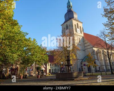 Kirche mit Brunnen und Laubbäumen in Herbstfarben unter klarem Himmel, ruhige Atmosphäre, nottuln, münsterland, deutschland Stockfoto