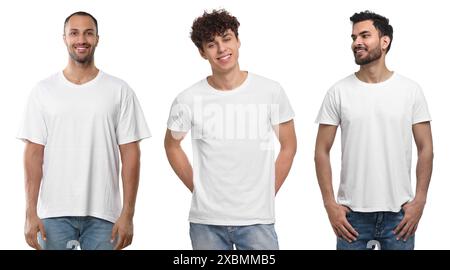 Männer in weißen T-Shirts auf weißem Hintergrund Stockfoto