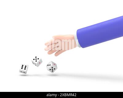 Der Mann wirft Würfel. Vorlage für Glücksspiele. Würfelwürfel werfen. Rote Würfel auf dem Tisch. Mann eifriger Mensch. Spielerkonzept. Wiedergabe in Hand.3D-Rendering auf weiß Stockfoto