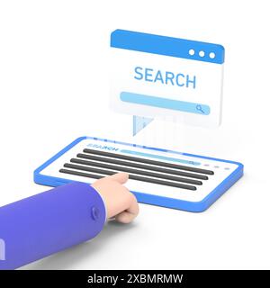 Mockup Des Symbols Für Zeichentrickgesten. Flache 3D-Isometrie Geschäftsmann Hand Verwenden Sie Tablet, um Suchbegriffe in der Suchmaschine zu suchen. Keyword Research und seo Concept.3D r Stockfoto