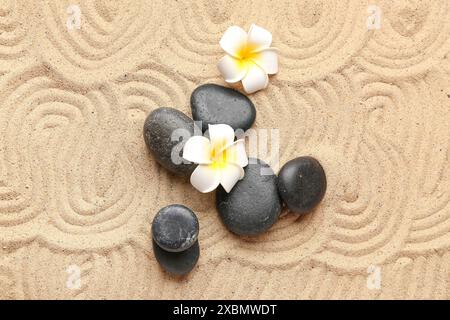 Schwarze Spa-Steine und Plumeria-Blumen auf Sand mit Linien. Zen-Konzept Stockfoto