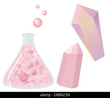 Rosa Alchemie Flasche, Rosa Kristalle, Behälter für mystische Tränke und Reaktionen, mystische Flasche für chemische Experimente, magisches Elixier Stockfoto