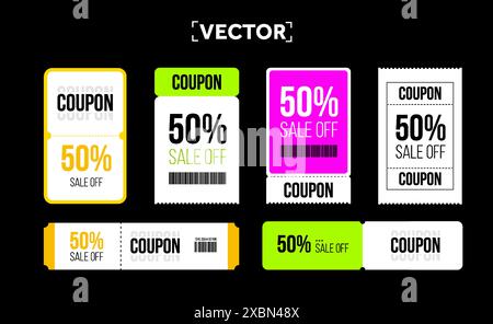 Satz von Coupons, Coupon-Vorlagen isoliert auf dunklem Hintergrund. Couponcode mit Rabatt in Prozent. Geschenkgutscheine, Umtauschset. Vektorabbildung. Vektorabbildung Stock Vektor
