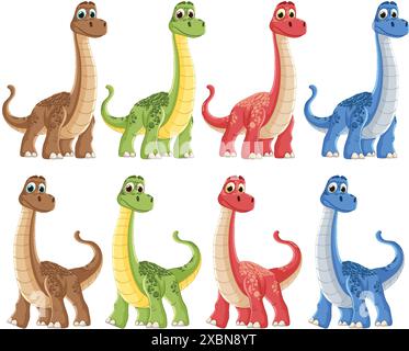 Acht süße Dinosaurier in verschiedenen Farben und Posen Stock Vektor