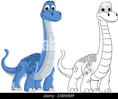 Zwei entzückende Dinosaurier, einer farbig, einer umrissen Stock Vektor