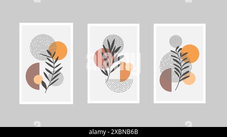 Set mit 3 minimalistischen Wandbildern. Abstrakte geometrische Drucke für Boho-ästhetische Innenräume. Inneneinrichtung mit Wanddrucken Stock Vektor