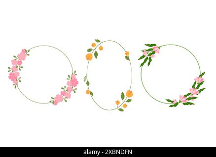 Vektorsatz für Blumenrahmen. Botanische Kränze mit süßen Blumen und Blättern. Dekorative runde und ovale Rahmen isolierte Illustrationen Stock Vektor