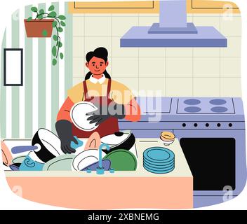 Mann, der Geschirr wäscht Küche Vektor Stock Vektor