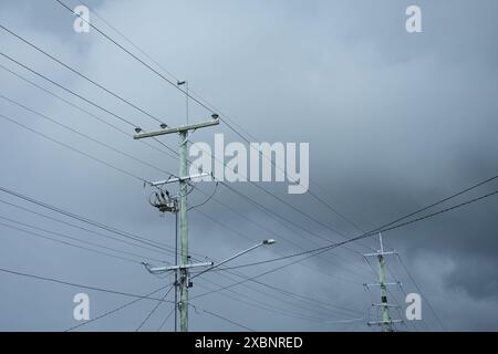 Hohe Strommasten aus Holz mit Traversen aus Holz und Metall, Transformatoren und Stromleitungen für die Stromversorgung in Brisbane, Australien Stockfoto