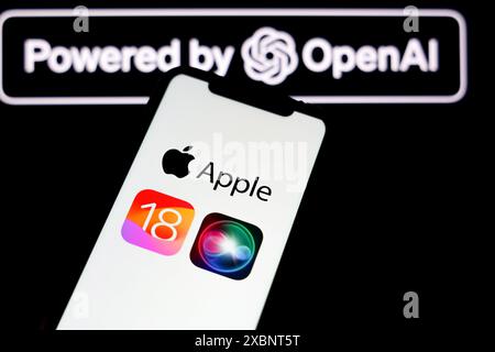 Krakau, Polen. Juni 2024. In dieser Fotoabbildung wird ein Apple iOS 18-Logo auf einem Apple iPhone mit dem Open AI-Logo im Hintergrund angezeigt. Nach der Präsentation des neuen iOS auf dem WWDC kam es zu Kontroversen und Bedenken bezüglich Datenschutzproblemen rund um die Open AI-basierten Funktionen. Quelle: SOPA Images Limited/Alamy Live News Stockfoto