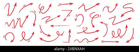 Pfeilvektor rot handgezeichnete Skizze Symbolsatz. Kritzelskizze gezeichnetes rotes Richtungselementset. Grafische Designelemente mit Bleistift-Doodle-Line. Handgeschriebener Richtungspfeil im Hintergrund. Vektorabbildung. Stock Vektor