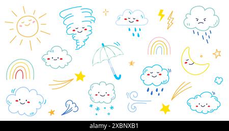 Niedliches Set mit Wolkenregen-Wetter-Cartoon. Wolken-, Sonne- und Mondwettercharakter mit Lächeln und wütendem Gesicht. Handgezeichneter Sketch-Stil. Regenbogen-, Wind- und Tornado-Kritzelcharakter. Vektorabbildung. Stock Vektor