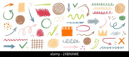 Pfeil abstrakte Pinsellinie Kontur Farbvektorsatz. Kinderfarbe Farbe quadratisch, spiralförmig, Pfeilelement Form Scribble Linie Pinsel handgezeichnetes Skizzendesign. Grunge abstrakte Kreide, Buntstift-Stil. Vektorabbildung. Stock Vektor