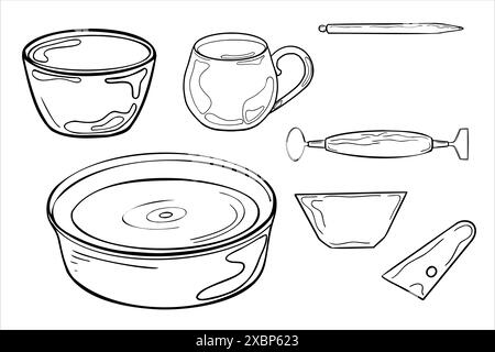 Töpferrad und Keramikschalen in der schwarzen weißen Linie Vektor-Illustration isoliert. Schüssel Becher Silhouette in Tinte handgezeichnet. Objekte der Töpferkunst Farbe Stock Vektor