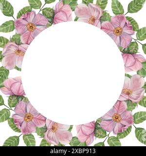 Rosafarbene Hagebuttenschablone mit rundem Rahmen, wilde Rosenblüten und Blätter. Aquarell elegantes Design für Geburtstag, Jubiläum, Dankeschön, Glückwunsch und Muttertagskarten, Hochzeitseinladung Stockfoto