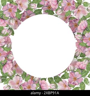 Rosafarbene Hagebuttenschablone mit rundem Rahmen, wilde Rosenblüten und Blätter. Aquarell elegantes Design für Geburtstag, Jubiläum, Dankeschön, Glückwunsch und Muttertagskarten, Hochzeitseinladung Stockfoto