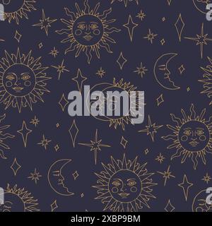 Mystisches nahtloses Muster mit goldener Sonne und Mond auf blauem Hintergrund Stock Vektor