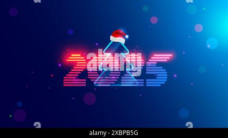 Neujahr 2025. Weihnachtsbaum mit digitaler Zahl Jahr im Neonlicht. Banner im Computerstil der Cyberpunk-Technologie. Weihnachtsfeier Stock Vektor