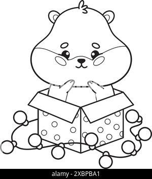 Süßer Hamster in Geschenkbox mit festlicher Girlande. Feiertagsumriss Zeichentricktier-Charakter. Linienzeichnung, Malbuch. Vektorabbildung. Kinderschule Stock Vektor