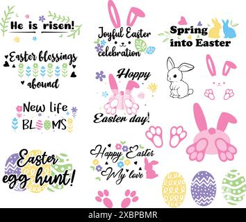 Weiße Osterhasen Kaninchen in verschiedenen Posen und pastellfarbene Ostereier Vektor-Illustration. Stock Vektor