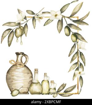 Aquarellrahmen mit grünen Oliven und Blumen, Ölflasche Clipart. Isolierte handgezeichnete botanische Illustration. Kann für Karten, Embleme, l Stockfoto