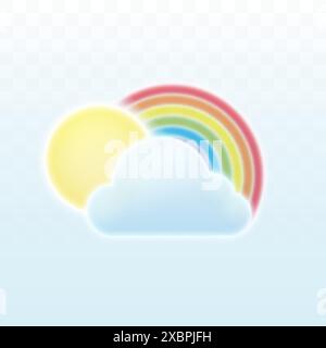 Sonne, Wolke und Regenbogen isoliert auf hellem Hintergrund. Vektorabbildung. Stock Vektor