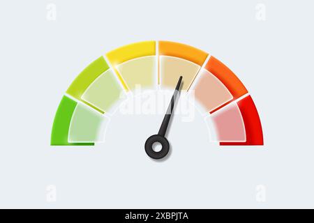 Realistischer Tachometer mit Pfeilen und Anzeigen auf der Armaturentafel aus Glas. Konzept der Geschwindigkeit, des Risikos und der Bewertungsstufen. Vektorabbildung. Stock Vektor