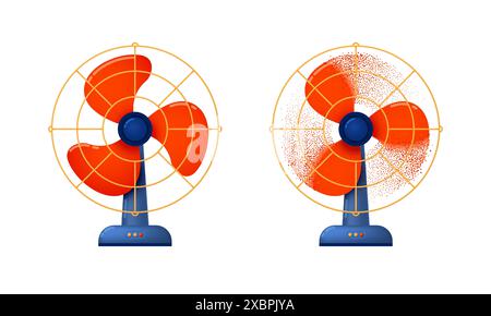 Die elektrischen Tischventilatoren wurden ausgeschaltet und laufen mit der Brise auf weißem Hintergrund. Vektorabbildung. Stock Vektor