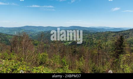 Nähere Hügel der Beskid Slaski und Beskid Zywiecki Berge im Hintergrund vom Wanderweg zum Wielki Stozek Hügel an der polnisch-tschechischen Grenze Stockfoto