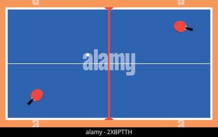 Tischtennisplatte oder Tischtennisplatte mit Schlägern und Ball. Blick von oben. Vektorabbildung Stock Vektor