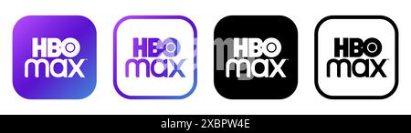 Kiew, Ukraine - 5. Februar 2024: Set von HBO Max Mobile App-Symbolen, gedruckt auf Papier. HBO Max ist ein US-amerikanisches Video-On-Demand Over-the-Top Stockfoto