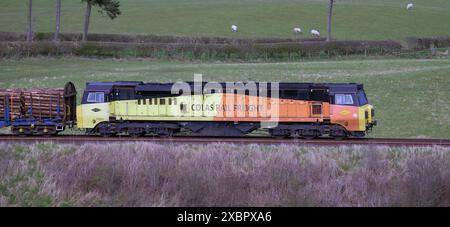 Colas Rail Freight bringt einen Holzzug auf der Carlisle, um die Strecke zu besetzen Stockfoto