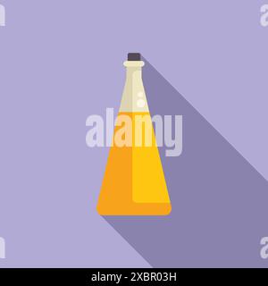 Chemikalienkolben mit gelber Flüssigkeit wirft einen Schatten auf violettem Hintergrund Stock Vektor