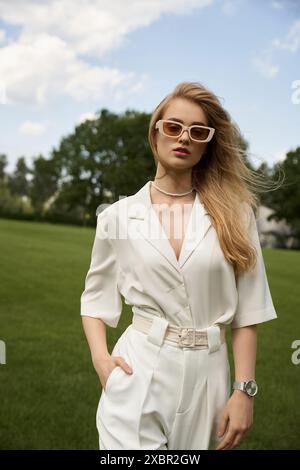 Eine anmutige Frau in einem weißen Jumpsuit posiert in einem üppigen Feld und verkörpert Eleganz und Raffinesse. Stockfoto