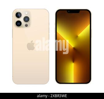 Kiew, Ukraine - 05. November 2021: Smartphone Apple iPhone 13 Pro, auf Vorder- und Rückseite und in offizieller goldener Farbe, auf weißem Hintergrund. Realis Stock Vektor